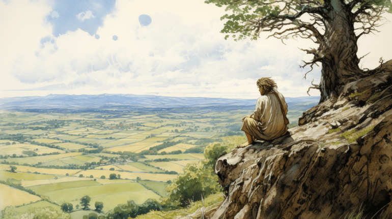 A philosopher in deep thought, sitting atop a vast clear land scape.