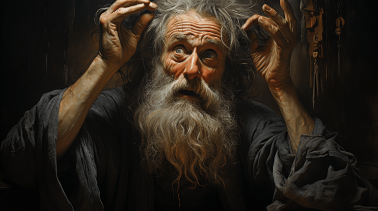 A renewed painting of Heraclitus, the Weeping Philosopher.