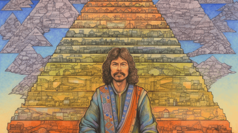 Digital illustration: Human figure reaching towards Maslow's pyramid of knowledge, shielded by a wall of psychological defences. Symbolic representation of fear, resistance, and the pursuit of enlightenment.