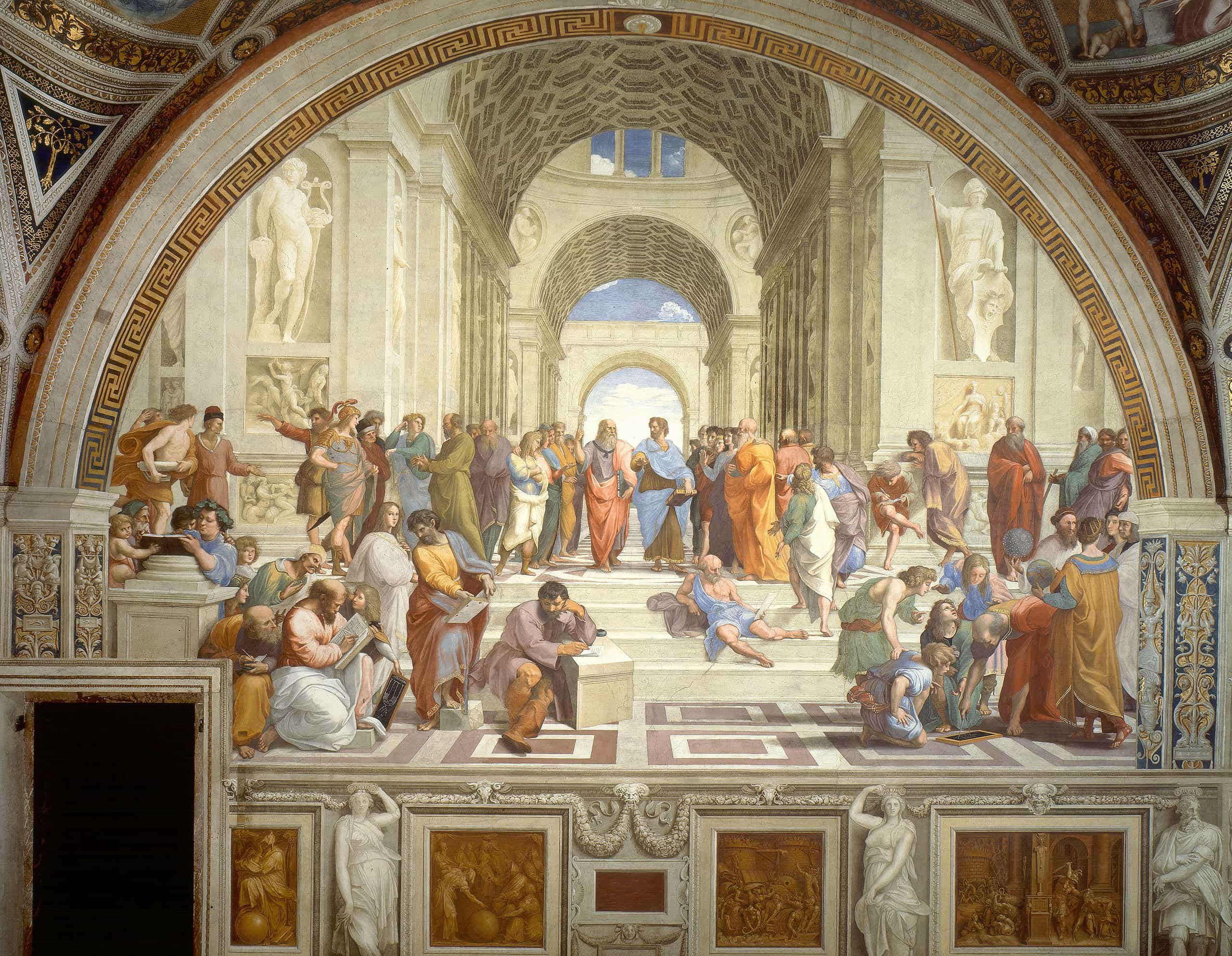 Raphael's 'The School of Athens' painting, philosophy enlightenment, great thinkers gathering, Plato and Aristotle central figures, quest for knowledge, wisdom from history, powerful philosophical discourse, timeless works of philosophy, human condition exploration, must-read philosophy books, insightful and thought-provoking literature.