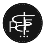 PsychoFuturia company logo in black with stylized 'PF' intertwined with abstract design elements.