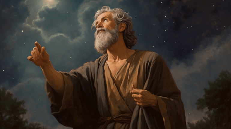 A high-resolution photograph of Thales of Miletus in ancient Greek-style clothing, standing atop a rocky cliff, gazing outward to the horizon, with the sea in the background.