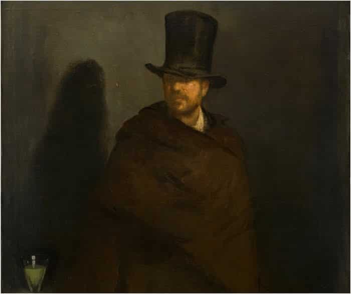Edouard Manet's 'The Absinthe Drinker', portraying isolation and alienation, key existential themes in the quest for self-understanding and individual meaning.
