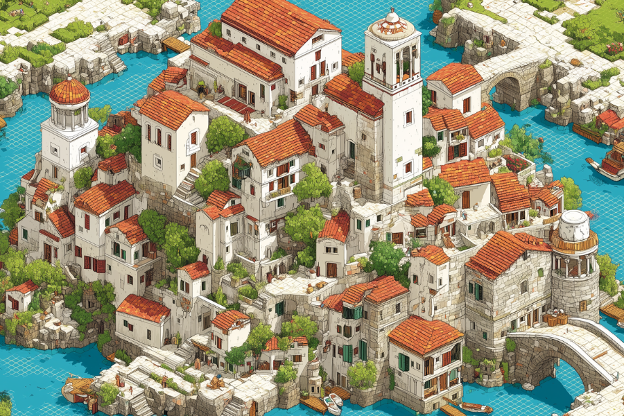 Isometric illustration of ancient Colophon with white marble buildings terracotta roofs Mediterranean harbor and surrounding mountains representing Xenophanes birthplace