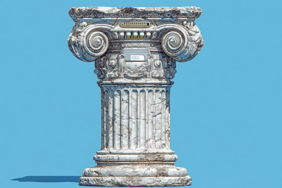 Minimalist illustration of a white marble Greek column supporting geometric symbols of modern devices like a smartphone computer and satellite representing the enduring relevance of Xenophanes philosophical insights