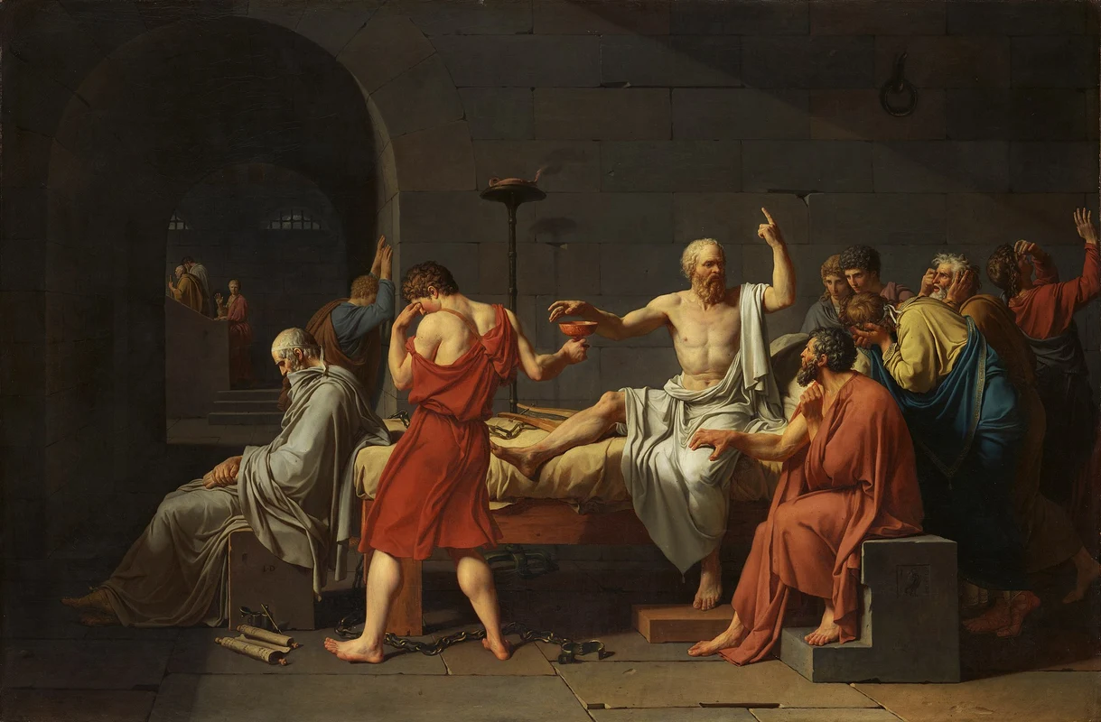 The Death of Socrates, by Jacques-Louis David (1787) Public domain, via Wikimedia Commons.