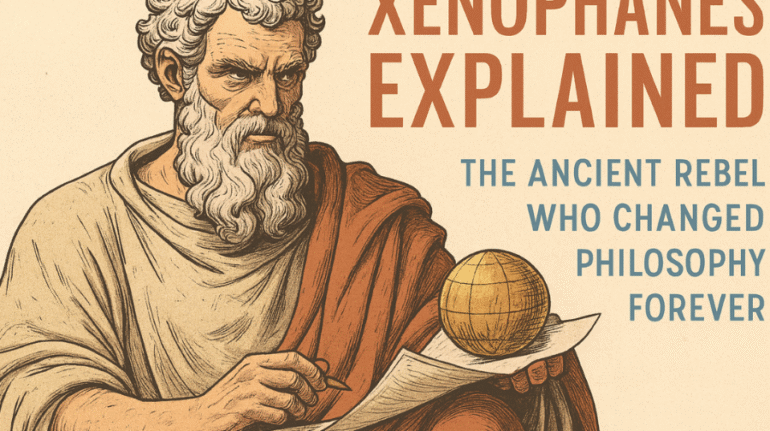 Minimalist vector illustration showing Xenophanes on a Mediterranean cliff with scroll in hand, golden orb symbolizing his one god concept, abstract knowledge symbols, and a historical timeline arc representing his influence.