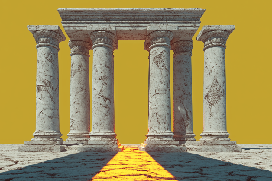 Minimalist white marble Greek temple with geometric cracks and golden light rays breaking through symbolizing Xenophanes rational challenge to traditional religious beliefs