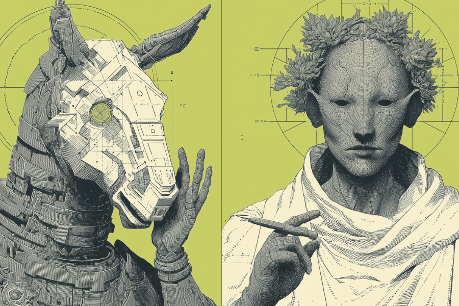 Split minimalist illustration of a geometric horse drawing a horse-like god and a human drawing a human-like god representing Xenophanes critique of anthropomorphism