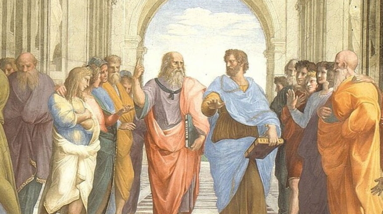 Raphael's 'The School of Athens' - A Visual Representation of Greek Philosophical Legacy-Plato left and Aristotle right.