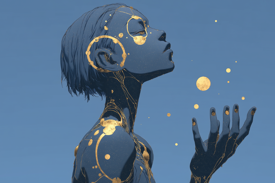 Minimalist silhouette of a person reaching toward golden geometric symbols in abstract space representing Xenophanes view on the limits of human knowledge