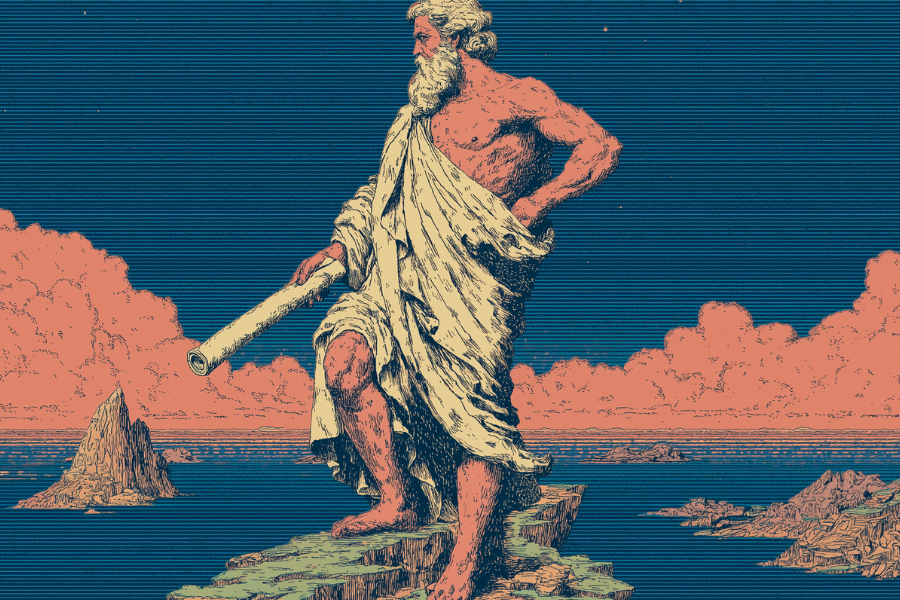 Silhouette of ancient Greek philosopher Xenophanes standing on cliff with scroll overlooking geometric Mediterranean coastline in minimalist vector art