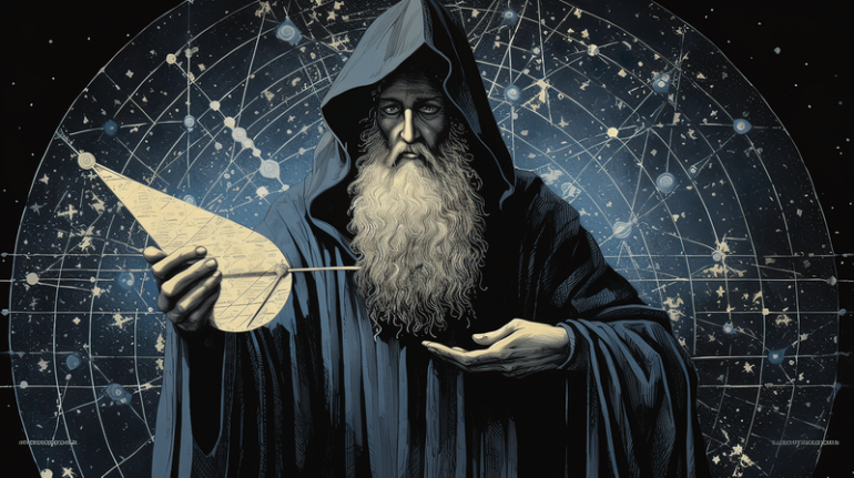 an image featuring a silhouette of Pythagoras contemplating a geometric diagram with a celestial, metaphysical background.