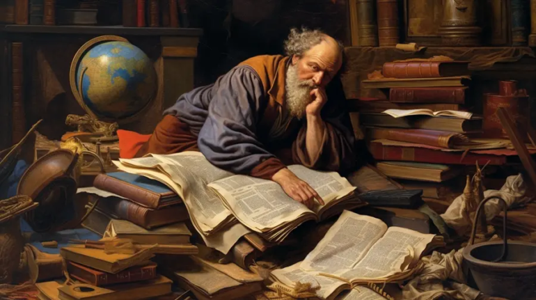 Socrates engrossed in thought, surrounded by the ancient texts and artifacts of Western philosophy