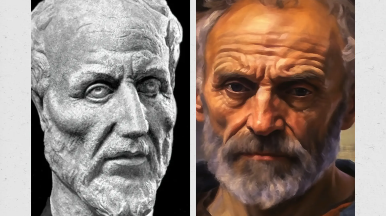 A collage featuring a classical sculpture of Plotinus on the left and a modern artistic rendition of him on the right.