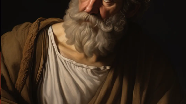 Close-up portrait of Sextus Empiricus with a thoughtful expression, illuminated by soft lighting. Painted in earthy colors of blues, browns, and whites, capturing the depth and texture in Artemisia Gentileschi's style.