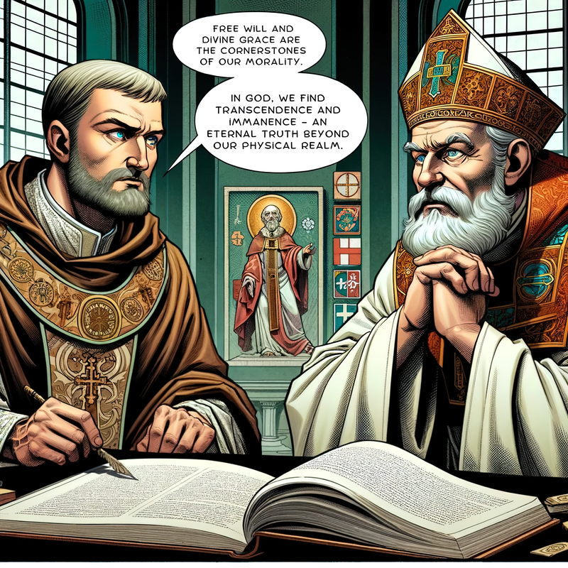 A comic book scene depicting a meeting between St. Augustine and St. Ambrose in a historical setting. Ambrose is shown speaking about free will and divine grace, with Augustine attentively listening. The background features symbols representing Christian morality and ethics, illustrating the influence of these teachings on Augustine's theology.