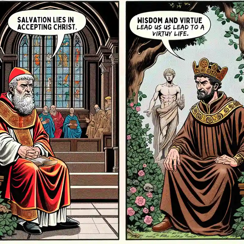 A comic book panel showing Augustine in a church and Boethius in a garden, symbolizing their contrasting views on theology. Augustine focuses on original sin and salvation, while Boethius emphasizes virtue and wisdom. The scene highlights the distinct paths they took in understanding and explaining Christian doctrine.