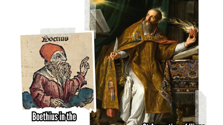 A collage of saint Boethius and Saint Augustine art by Michel Wolgemut, Wilhelm Pleydenwurff and Philippe de Champaigne, Public domain