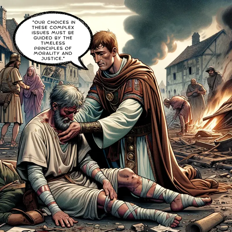Boethius is shown in a diverse community setting, interacting with people from different backgrounds. He is sharing his insights on the importance of mercy, humility, and compassion in building successful relationships. A speech bubble from Boethius says, "In mercy and compassion, we find the bridges to understanding and respect." The scene captures his philosophy's relevance in fostering positive interpersonal and societal relationships.