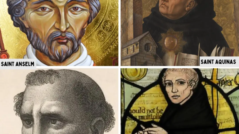 Collage depicting Saint Anselm, Thomas Aquinas, John Duns Scotus, and William of Ockham in a medieval study, symbolizing their contributions to philosophy and theology.