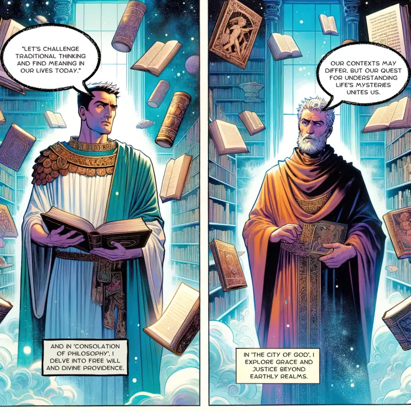  St. Augustine and Boethius in an ethereal library, discussing their works 'The City of God' and 'Consolation of Philosophy'. They compare their perspectives on grace, justice, free will, and divine providence, amidst floating books. 