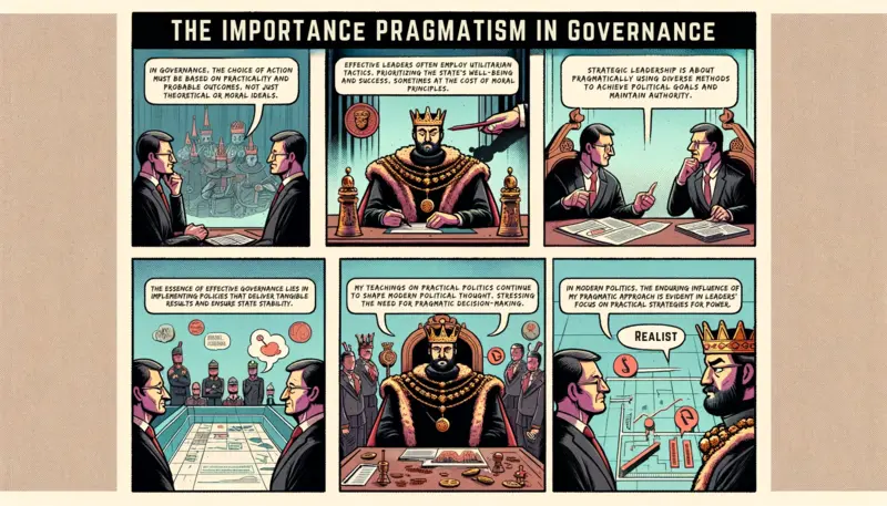 The Importance of Pragmatism in Governance'. The first panel shows a leader engaged in pragmatic decision making, captioned 'Pragmatic Decision Making'. The second panel features a ruler using utilitarian tactics, speech bubble 'Utilitarian Tactics for State Success'. The third panel, captioned 'Strategic Leadership in Action', depicts a leader with a calculated approach. The final panel illustrates effective policy implementation, with a speech bubble 'Achieving Tangible Results