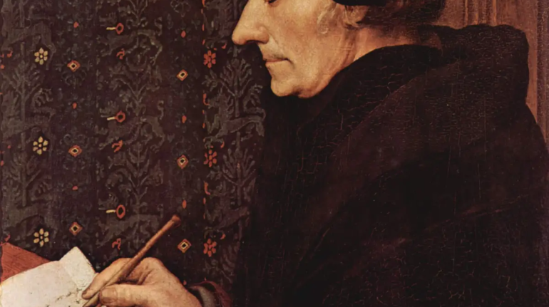 Historical portrait of Erasmus of Rotterdam, symbolizing his profound influence as a Renaissance humanist and philosopher, dressed in traditional garb of the era, with a thoughtful expression, epitomizing intellectual curiosity and scholarly pursuit.