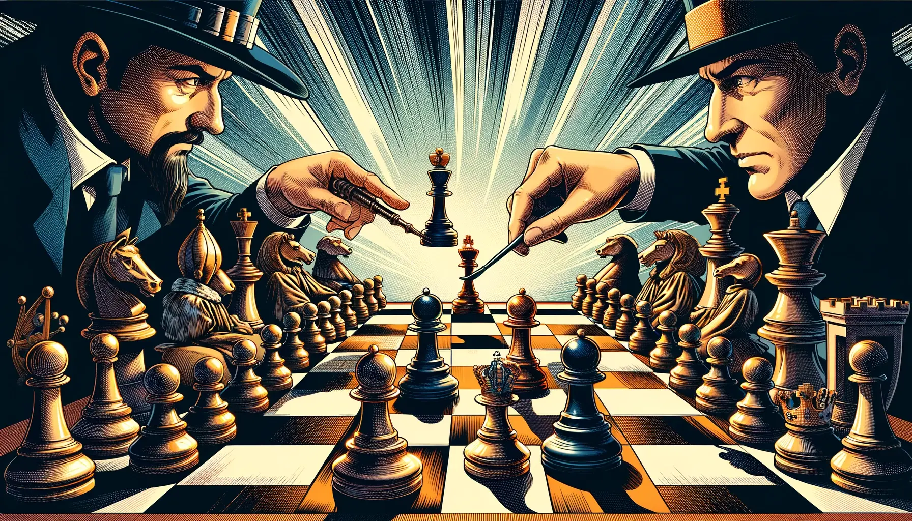 Illustration of a chess game symbolizing Machiavelli's strategic thinking, featuring chess pieces with crowns and sceptres on a board, highlighting key concepts of Virtù, Fortuna, and political manoeuvring.
