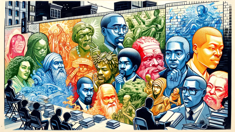 A wide-screen comic book sketch shows a vibrant mural in a bustling urban setting, highlighting renowned African philosophers deeply engrossed in contemplation. The first panel introduces the mural, serving as a beacon of wisdom. Subsequent panels focus on individual philosophers in dynamic poses, surrounded by symbols of their contributions—books, natural elements, and abstract ideas—each reflecting their profound engagement with philosophical questions.
