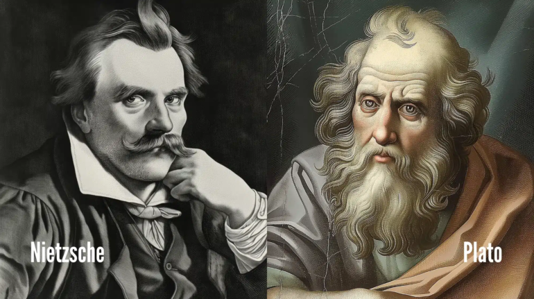 Artistic representation of Friedrich Nietzsche in debate with Plato and Socrates, symbolizing the clash of modern and classical philosophical ideals.