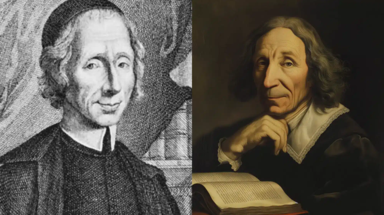 Artistic rendition of Nicolas Malebranche in a 17th-century study, writing intensely with a quill, surrounded by Baroque architecture and leather-bound books, with soft candlelight and a window overlooking the French countryside, symbolizing his philosophical integration of faith and reason.