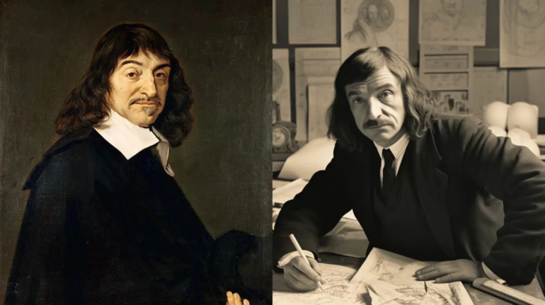Painting of philosopher René Descartes with the Cartesian Coordinate System, symbolizing his contributions to modern philosophy and mathematics.