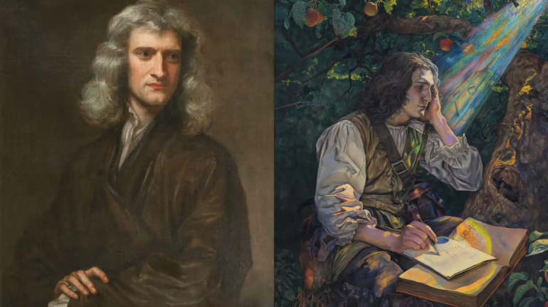 Illustration of Isaac Newton with an apple tree and a prism, representing his revolutionary contributions to science and philosophy.