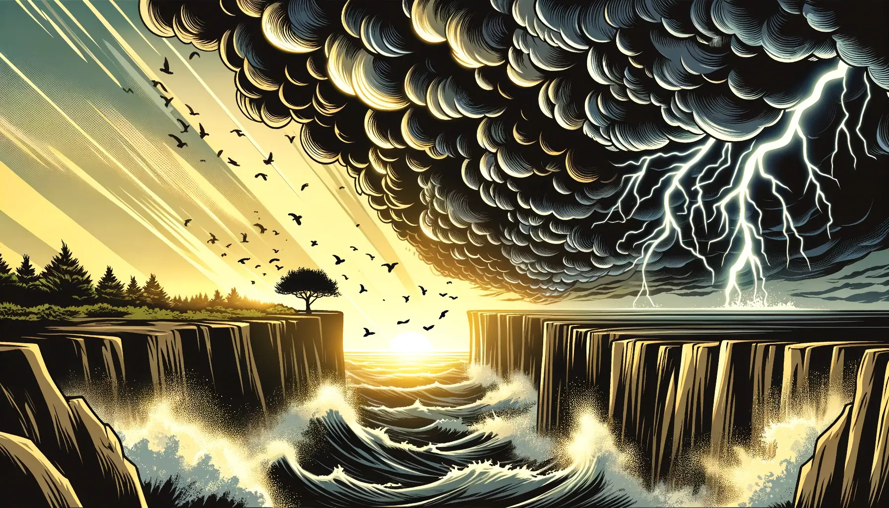 A comic book illustration depicting a severe storm over a rugged coastline Dark swirling clouds and streaks of lightning dominate the sky with violent waves crashing against the cliffs A narrow beam of sunlight breaks through casting a warm golden glow on a small resilient tree at the cliffs edge symbolizing hope amidst devastation
