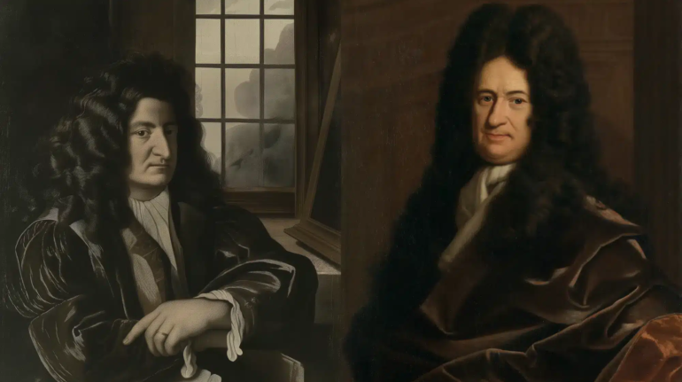 A portrait of Leibniz with a perplexed expression, next to a globe depicting a complex network of interconnected lines (symbolizing pre-established harmony).