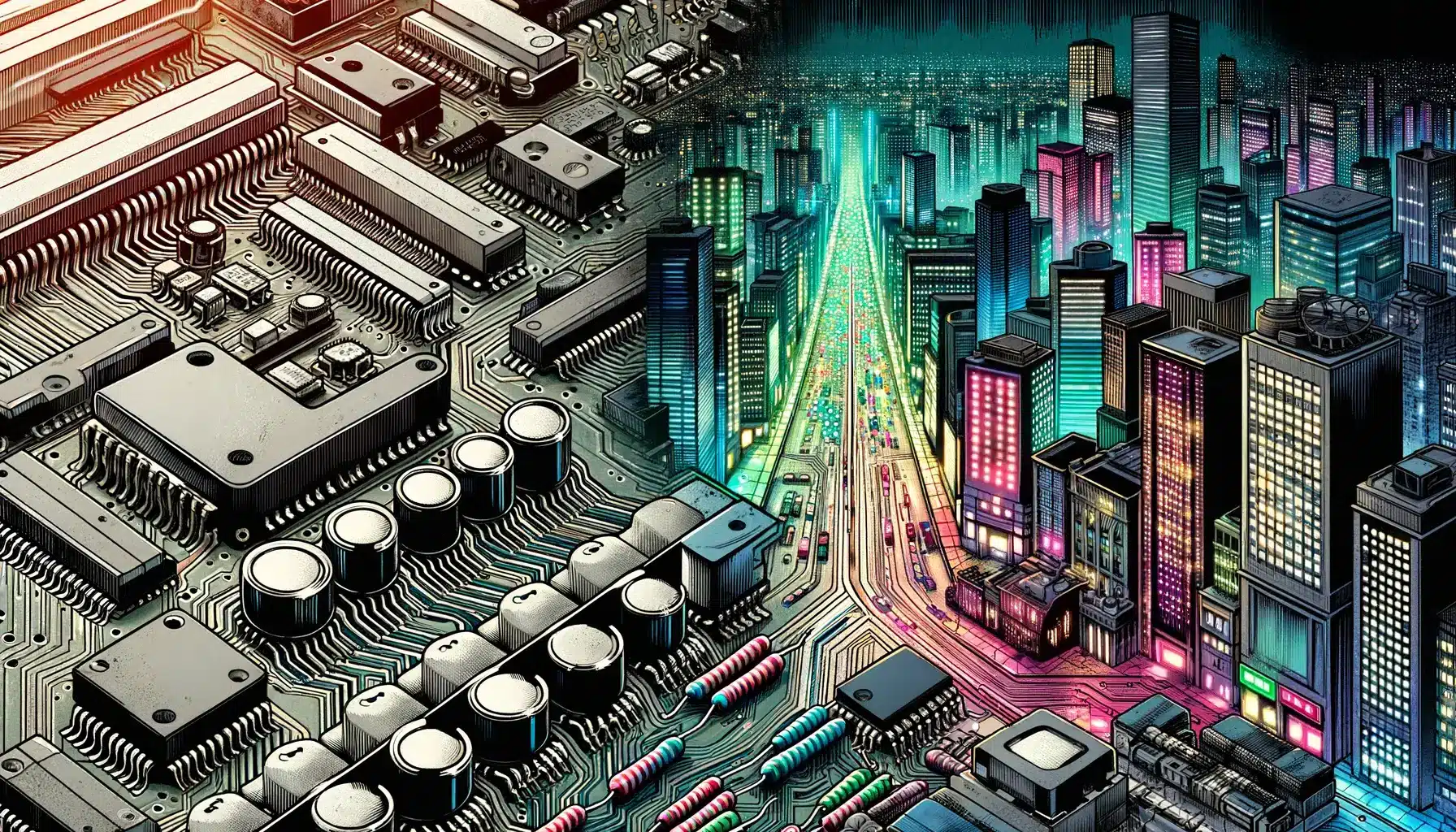 A comic book sketch shows a detailed close-up of a vintage computer circuit board which seamlessly transitions into a sprawling city map at night Circuit traces morph into glowing streets lit by neon lights in shades of blues greens and purples while resistors and chips become buildings and public spaces portrayed in a retro-futuristic style