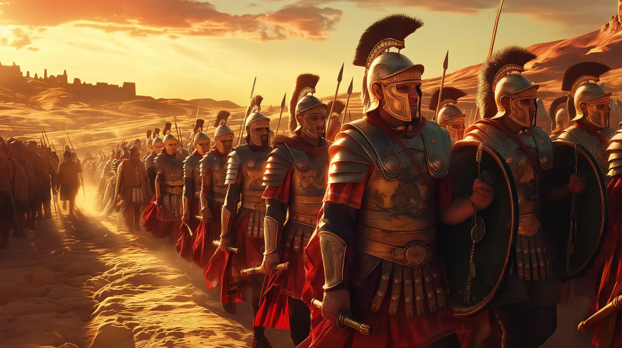 Ancient Roman soldiers in ornate armor marching in disciplined formations through arid desert landscapes The soldiers armor glints under the vibrant setting sun highlighting their detailed historical design