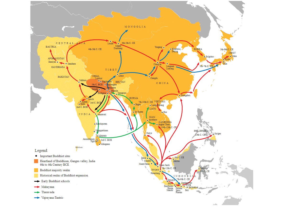 image showing the Asiatic Buddhist Expansion During the Kushan Era Mahayana Buddhism was initially brought into the Chinese Empire Han dynasty via the Silk Road The great circle of Buddhism was formed by the interconnected and complimentary overland and marine Silk Roads