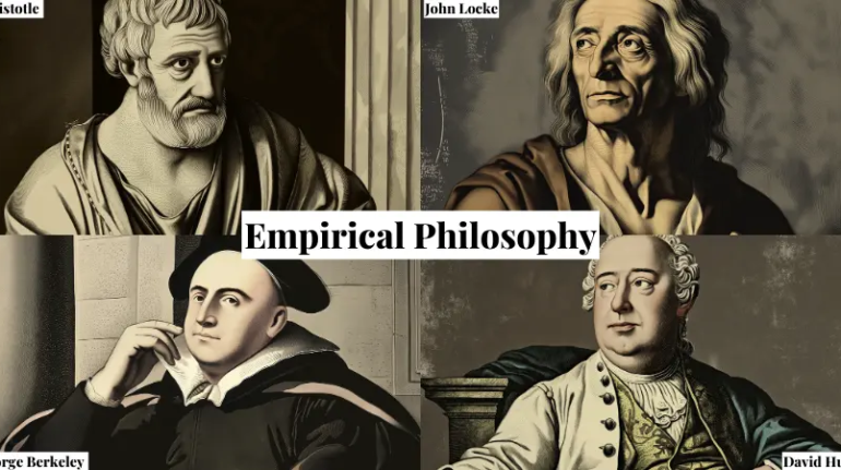 Collage of prominent empirical philosophers: Aristotle, John Locke, George Berkeley, and David Hume.