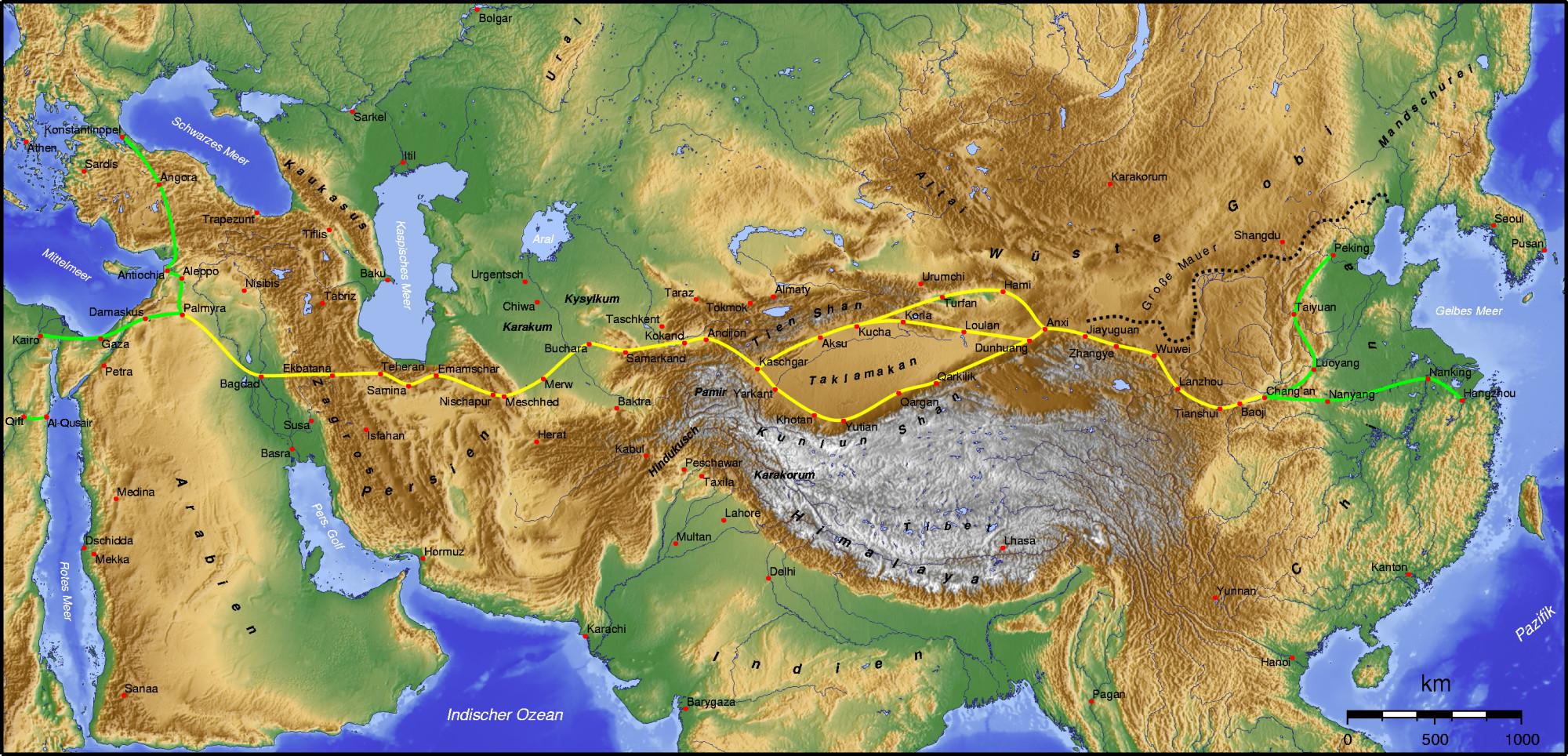 The photo depicts the Main routes of The Silk Road on a relief map with city and country names clearly labelled