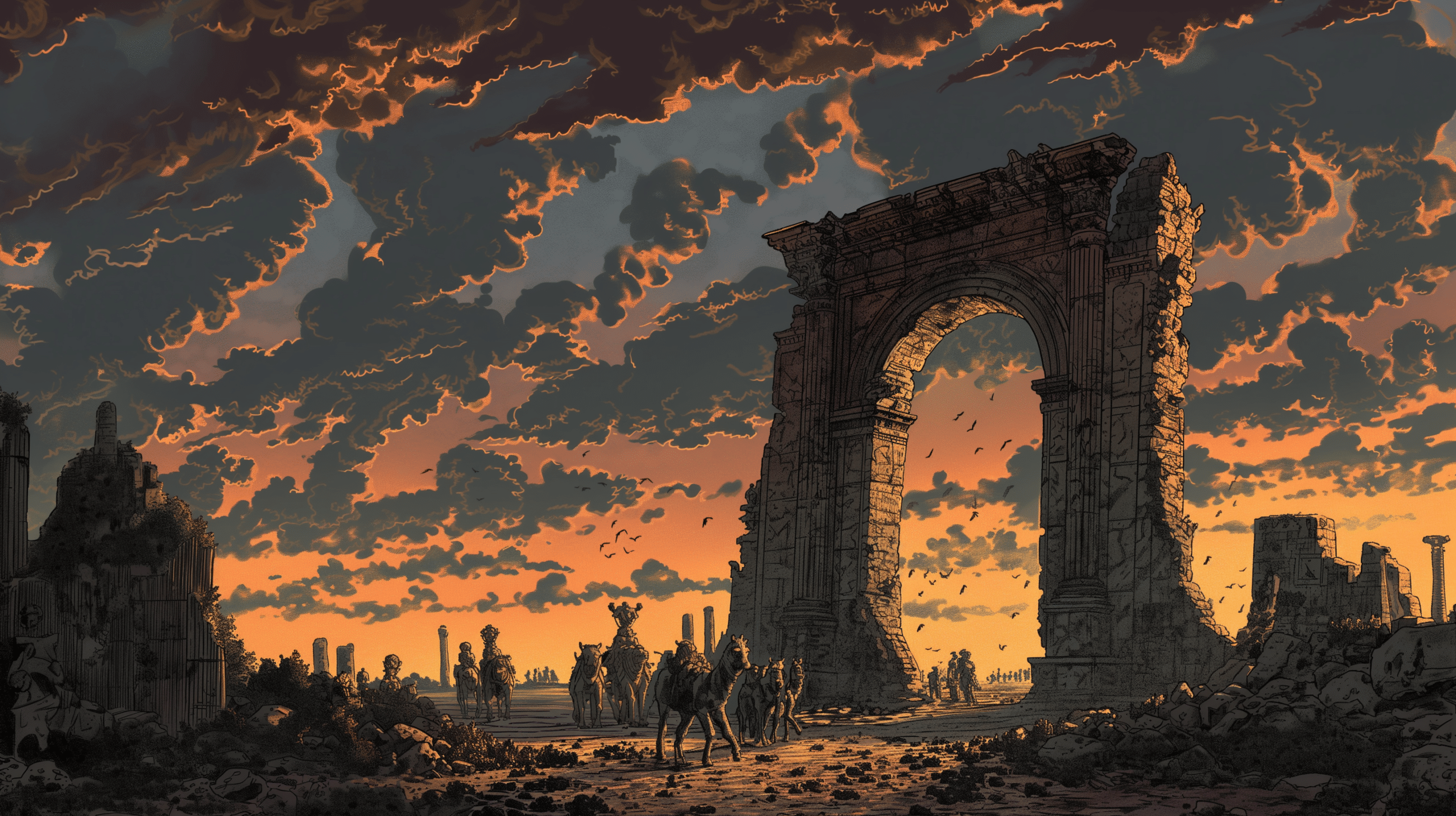 A crumbling Roman archway under a darkening sky with heavy clouds with silhouettes of a Byzantine cityscape and a trade caravan in the background