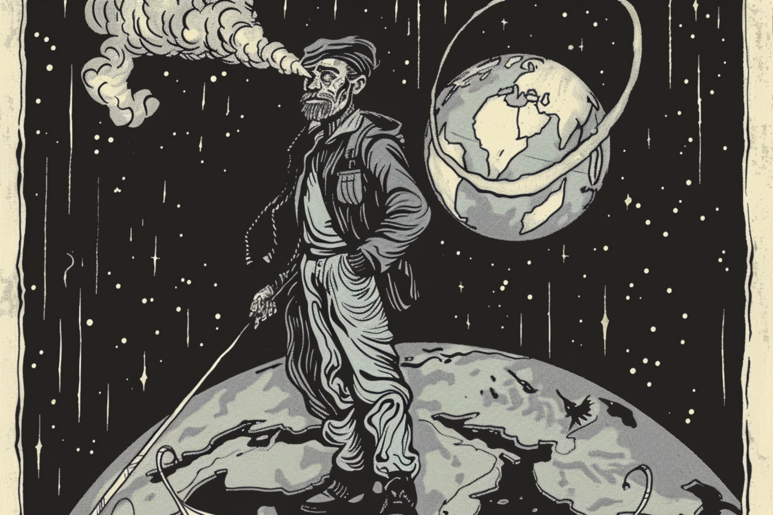 Illustration of George Berkeley contemplating the universe highlighting his theological and metaphysical integration of perception and divine order