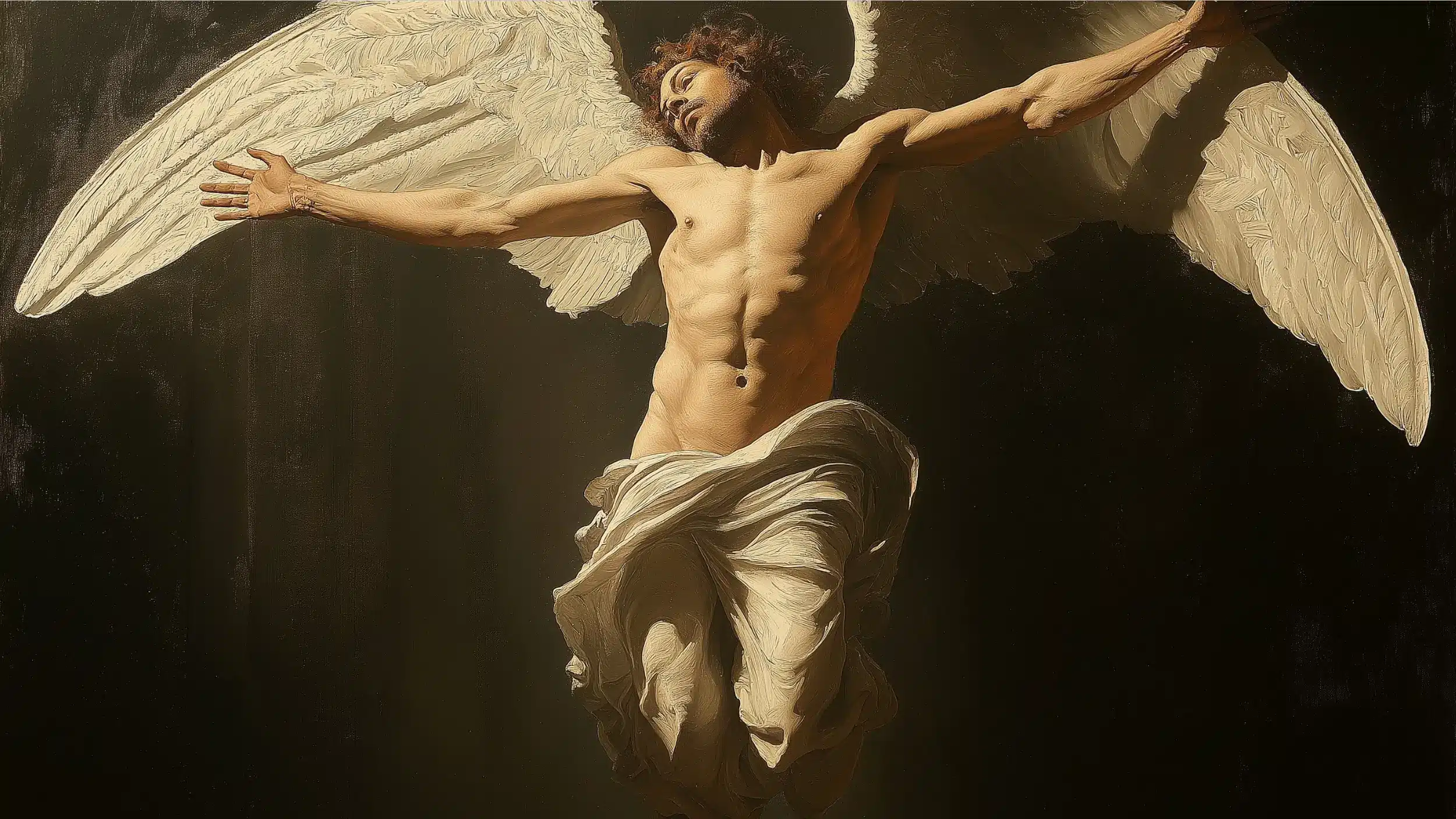 Painting of a winged figure with arms outstretched against a dark background symbolizing transcendence