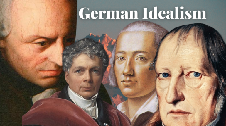 Collage of key figures in German Idealism: Immanuel Kant, Johann Gottlieb Fichte, Friedrich Wilhelm Joseph Schelling, and Georg Wilhelm Friedrich Hegel.
