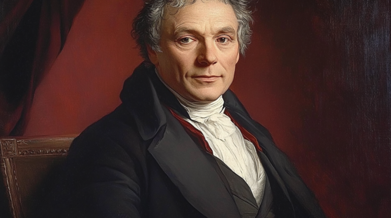 A classical portrait of Friedrich Wilhelm Joseph von Schelling, depicted in a dark 19th-century suit with a thoughtful expression, set against a warm, shadowed background in the style of Joseph Karl Stieler.