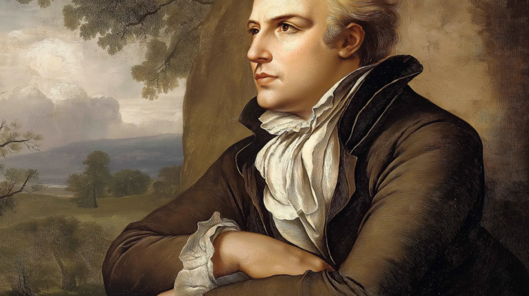 A high-quality reimagined portrait of Friedrich Schiller, the renowned German polymath known for his contributions as a poet, playwright, historian, philosopher, physician, and lawyer. The image captures Schiller's thoughtful expression as he gazes into the distance, symbolizing his deep engagement with themes of freedom, morality, and aesthetics.