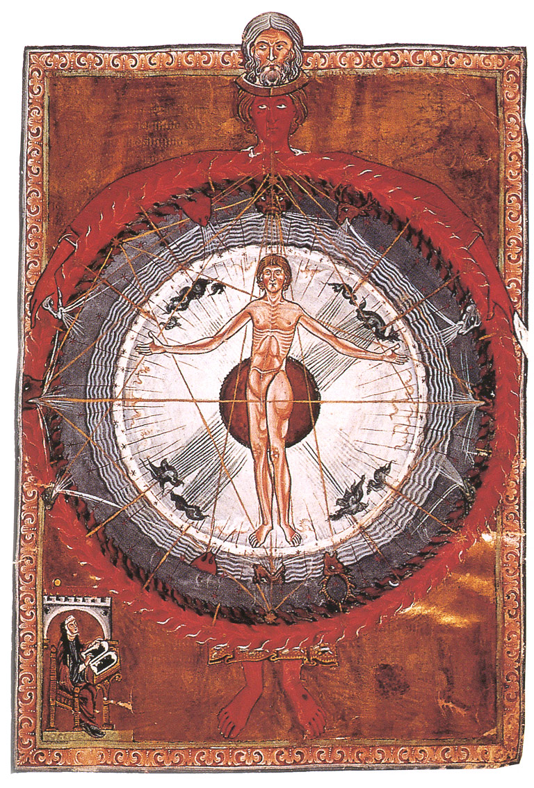 Medieval illustration from Hildegard von Bingens Liber Divinorum Operum depicting a cosmic man symbolizing the unity and interconnectedness of the universe reflecting Hegels concept of the Absolute