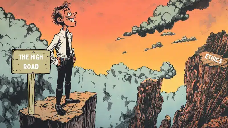 Image of a man standing on cliff looking at a high road with Kants ethical moral Labelled on the other side