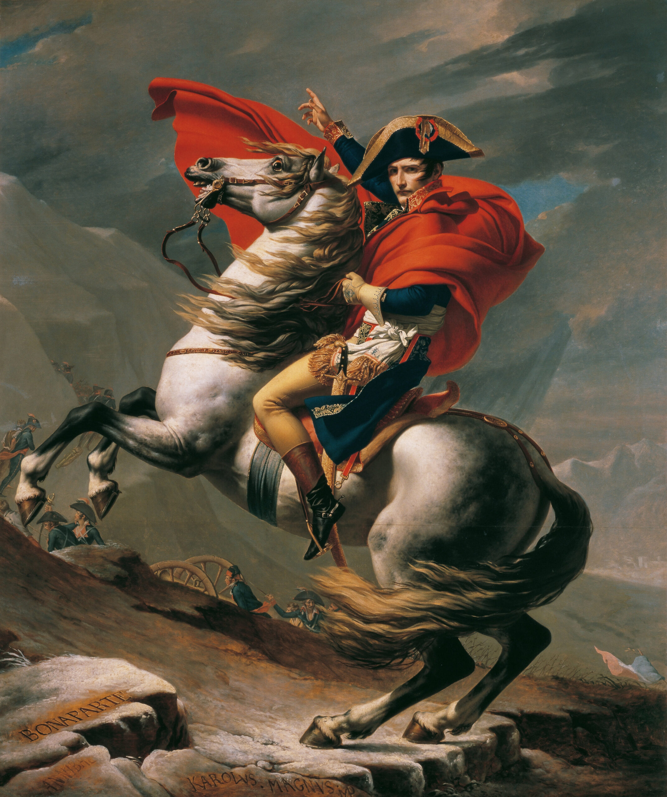 Painting of Napoleon Bonaparte crossing the Alps on a rearing horse symbolizing his role as a decisive force in European history painted by Jacques-Louis David